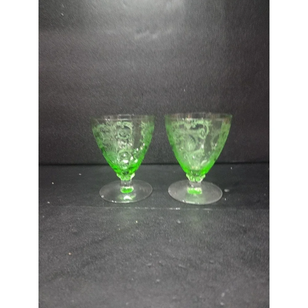 Fostoria Versailles Etched‎ Cocktail Glasses, Set of 2, Vtg Footed Uranium Glass